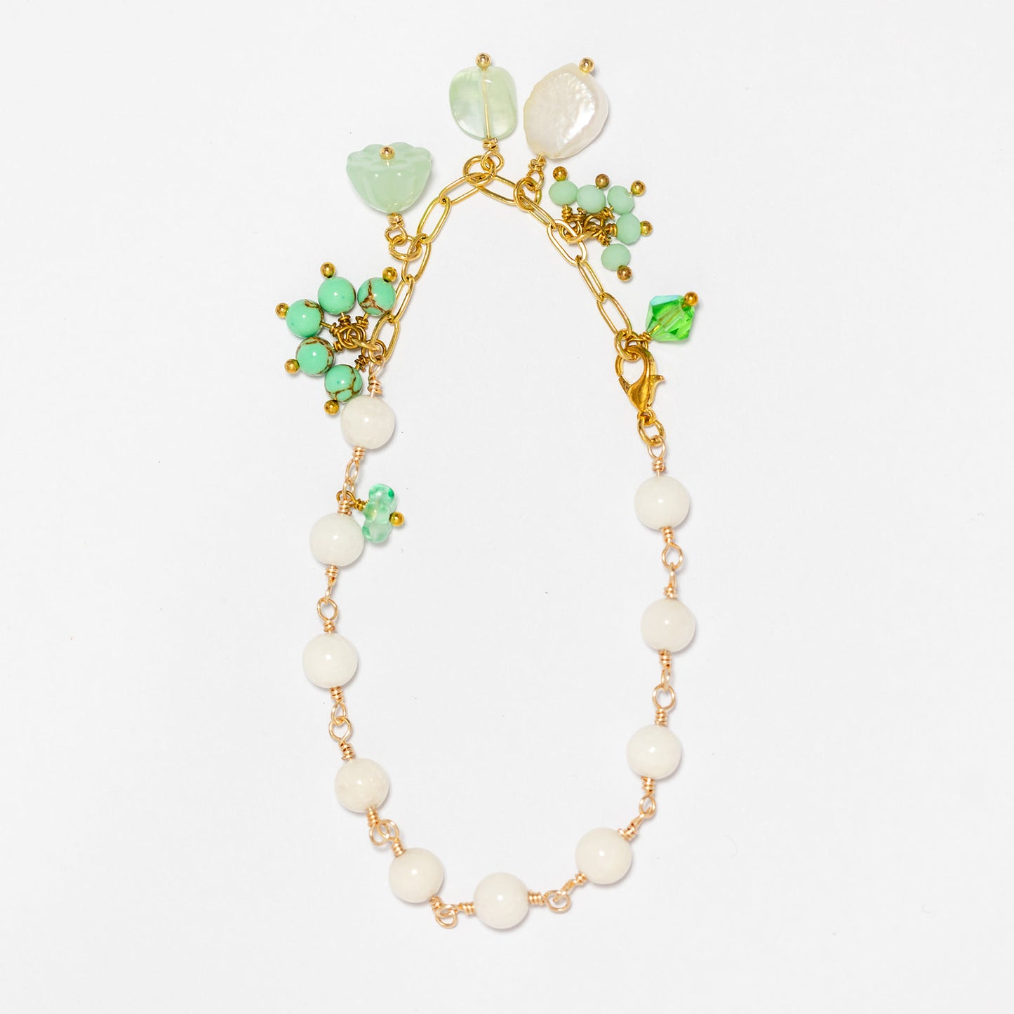 Semi precious Stone Charm Bracelet - Aventurine and Pearl