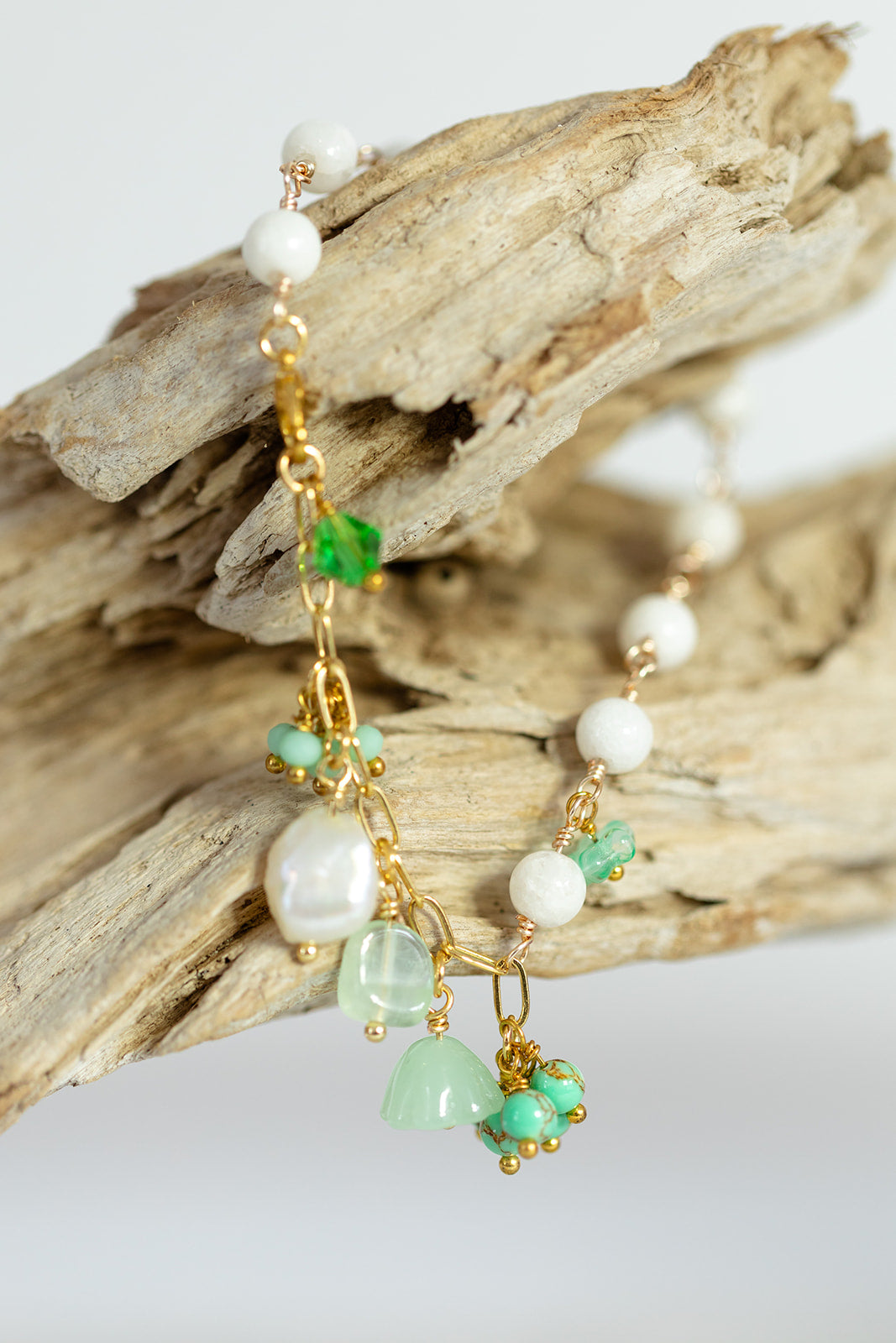 Semi precious Stone Charm Bracelet - Aventurine and Pearl