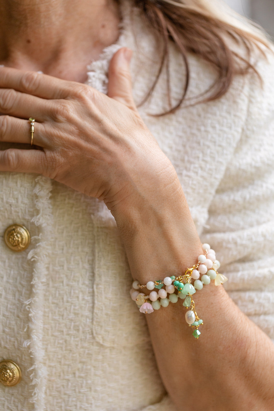 Semi precious Stone Charm Bracelet - Aventurine and Pearl