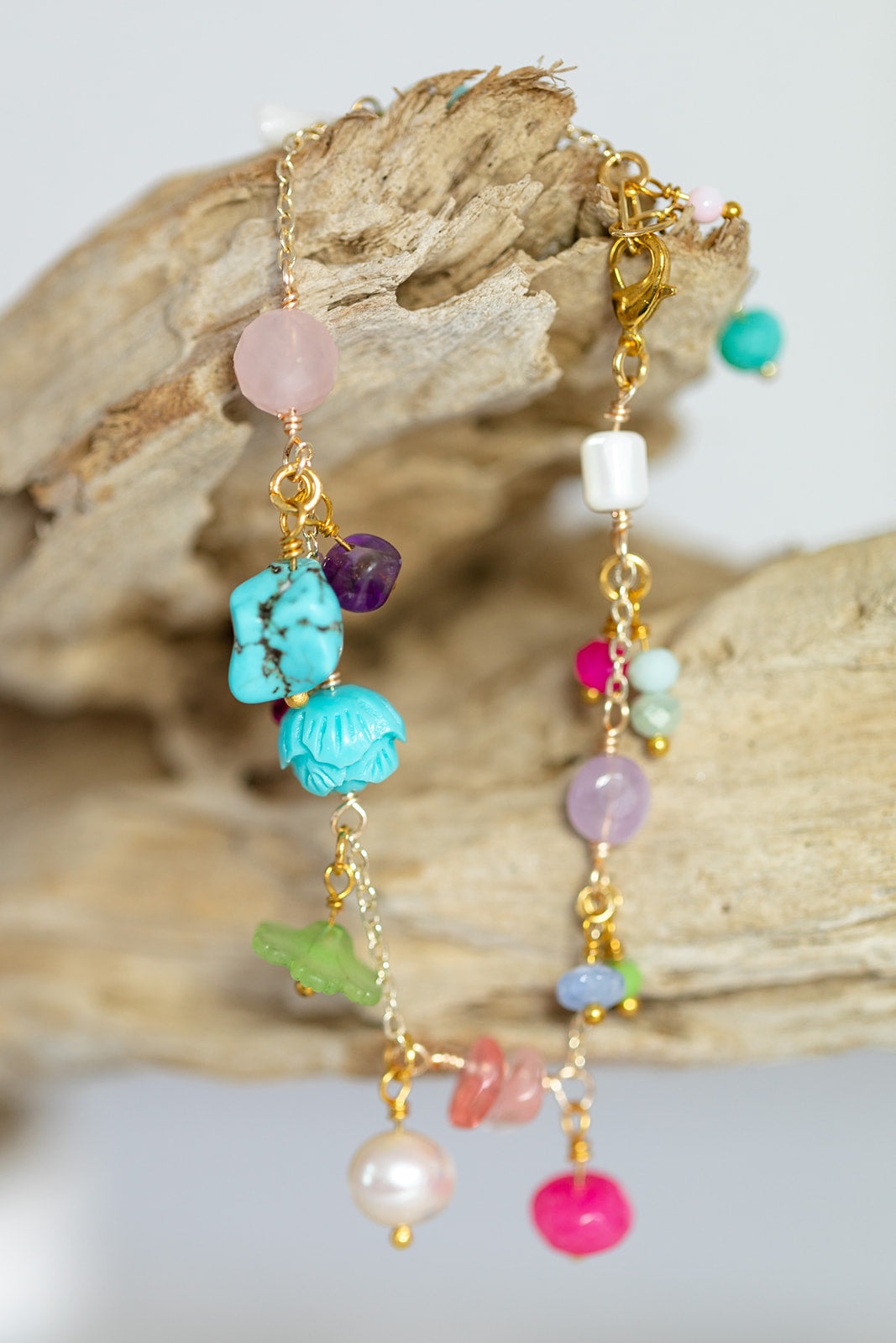 Semi Precious Stone Charm Bracelet - Pink Jade