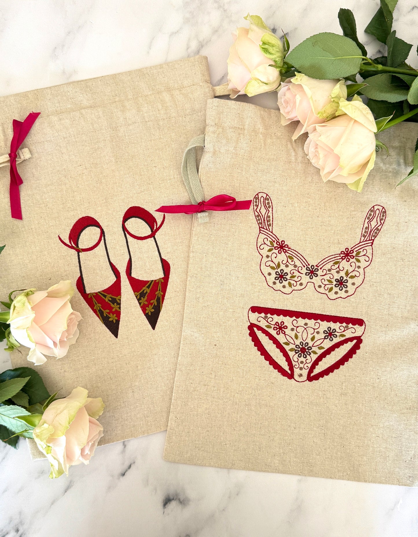 Linen Shoe Bag Ruby on Natural