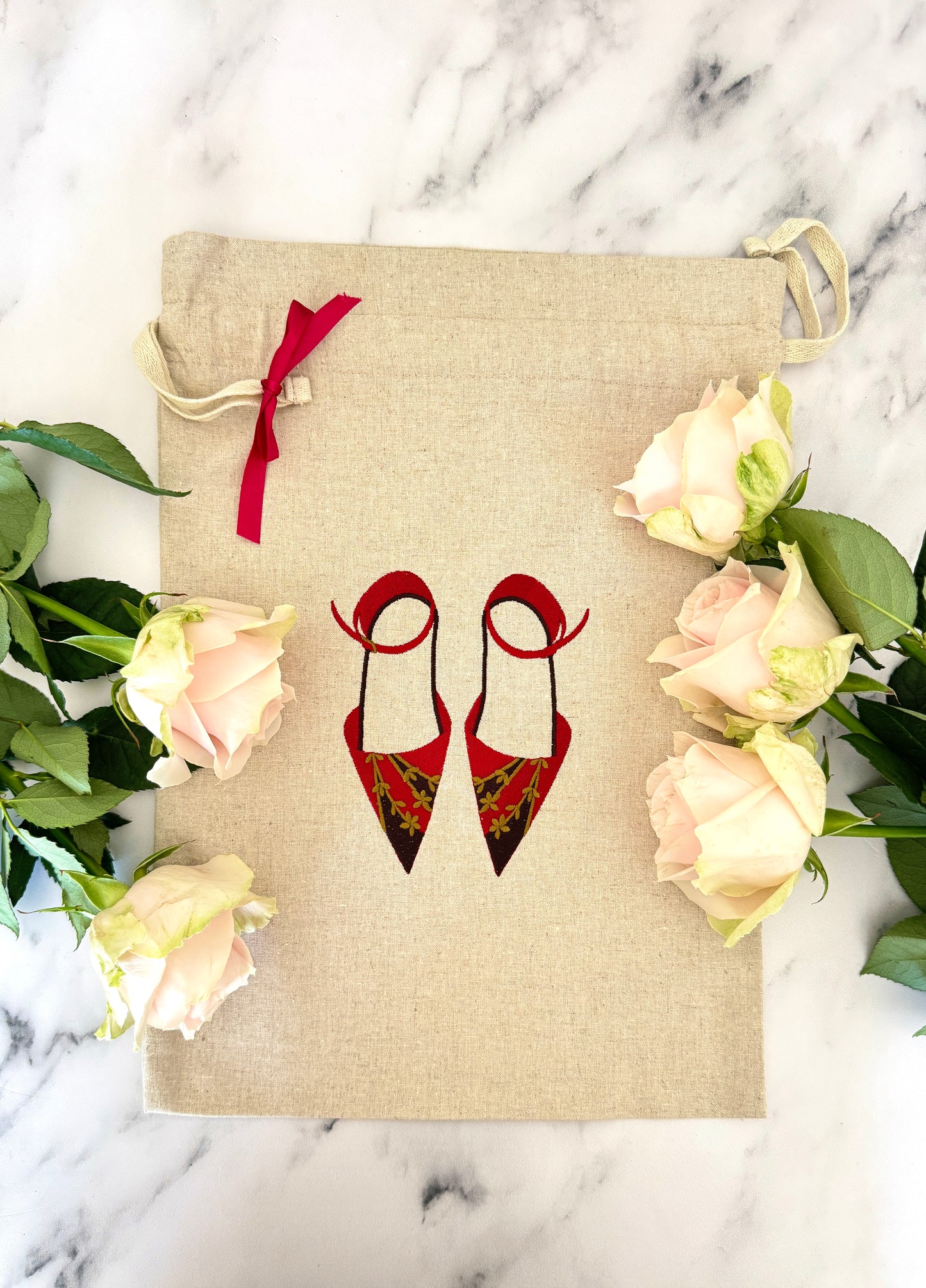 Linen Shoe Bag Ruby on Natural