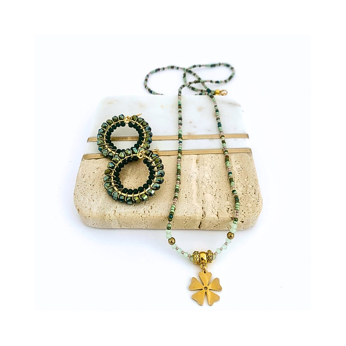 Flower Charm Necklace - Green Mix