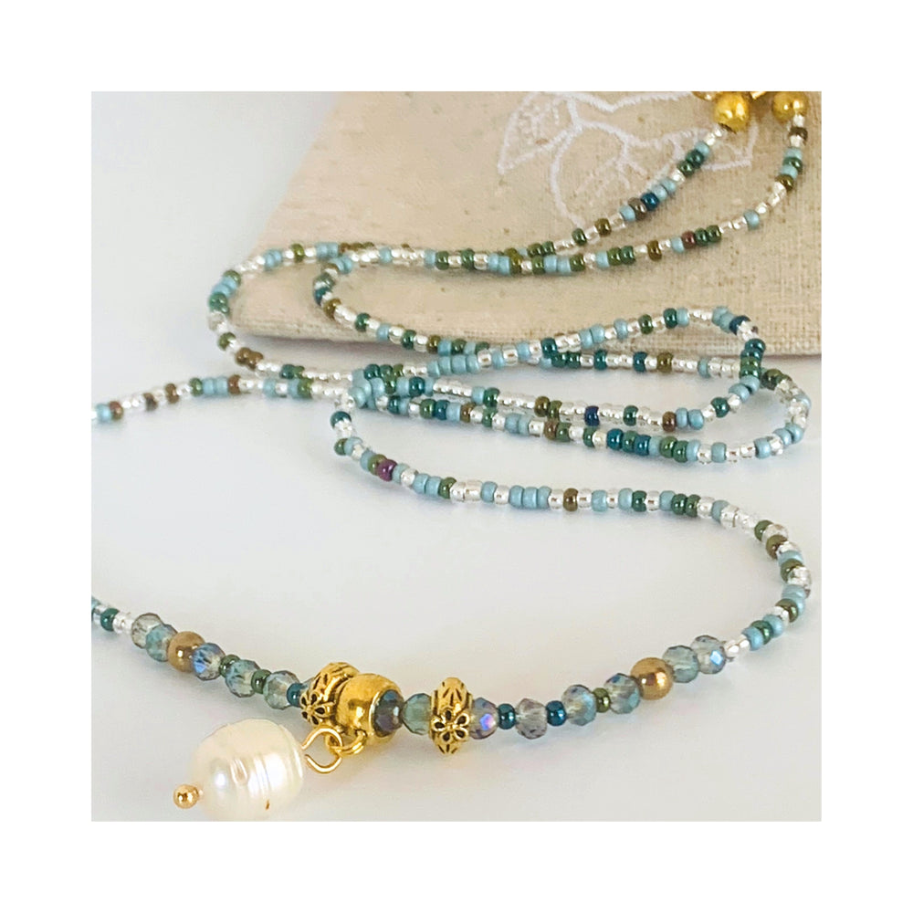 Freshwater Pearl Charm Necklace - Silver Blue Mix