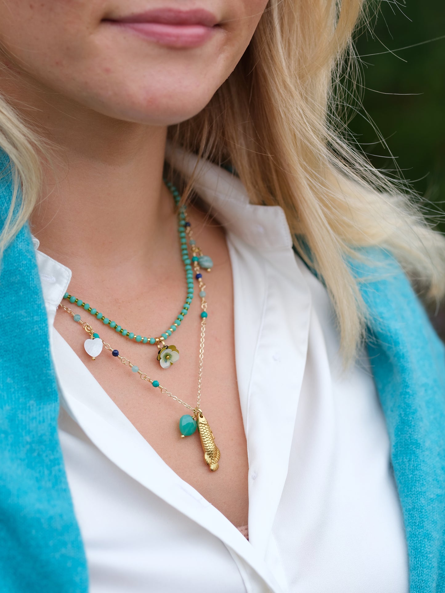 Fish Pendant and Chrysoprase Heart Necklace